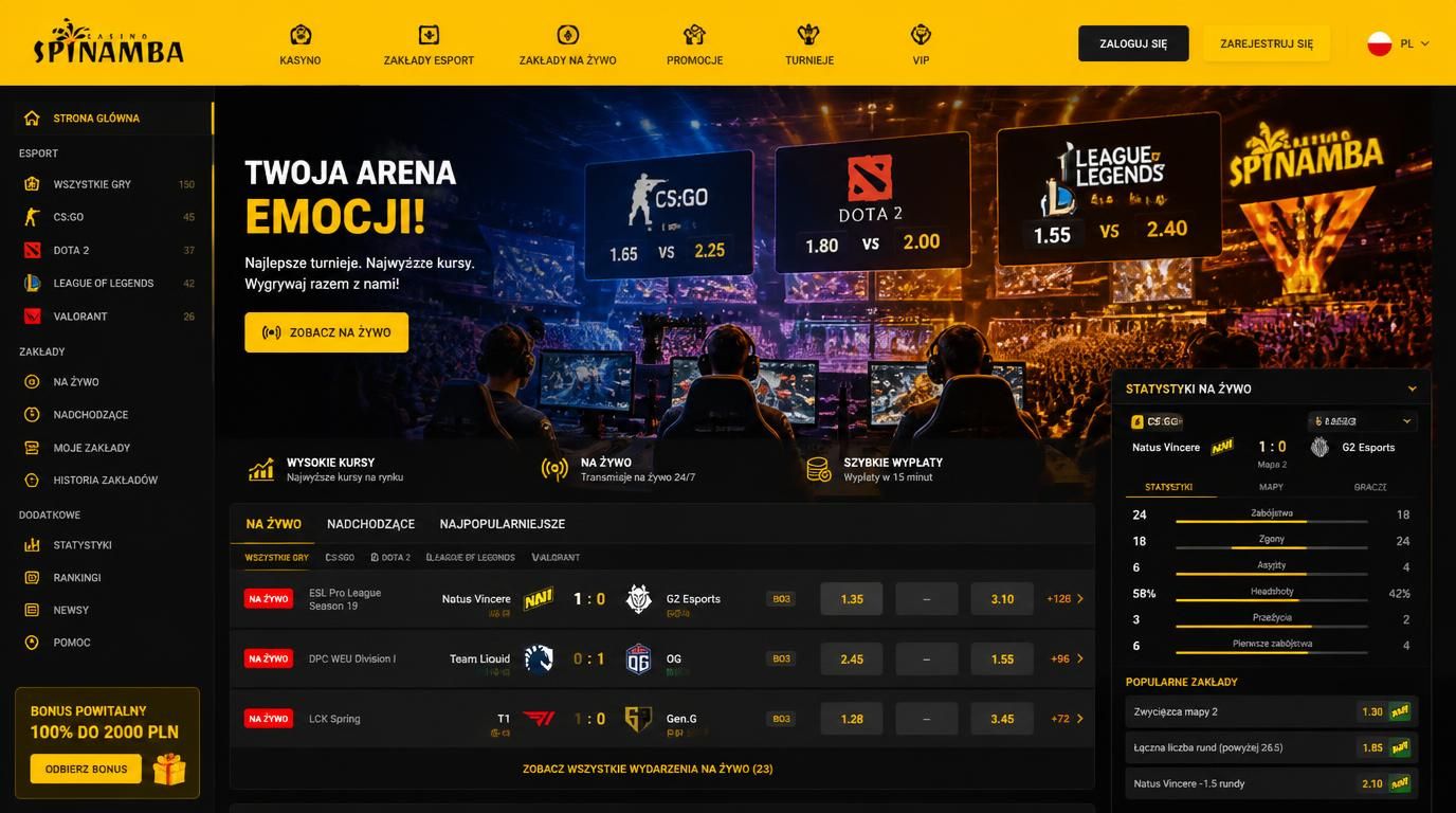 Scena z esportem, kursami i logami CS:GO, Dota2, LoL