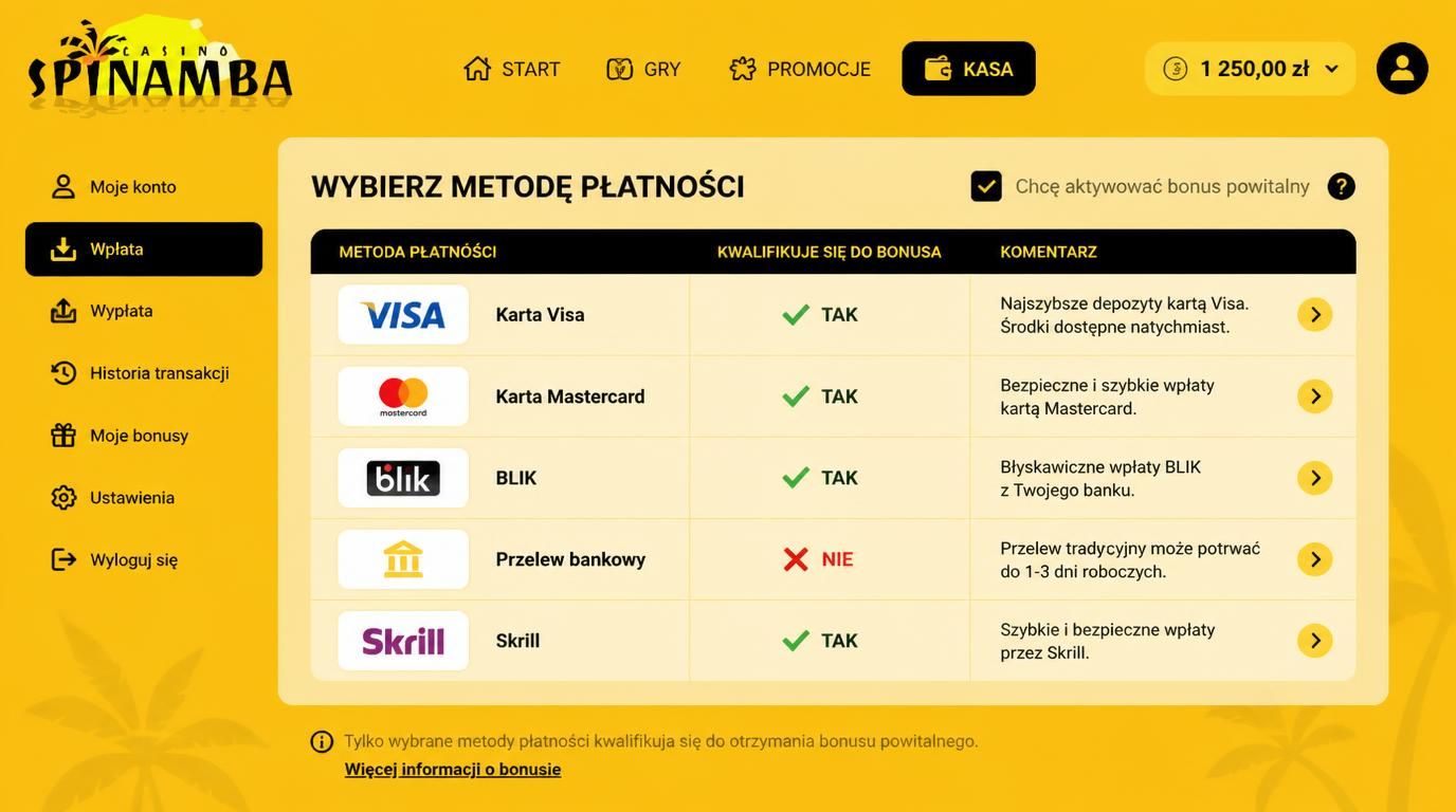 tabela metod płatności i bonusów