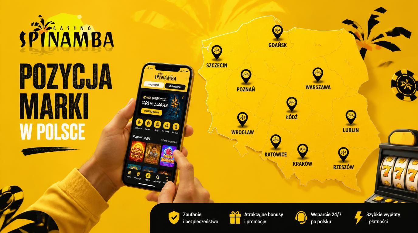 Mapa Polski z miastami i użytkownik gry na telefonie pokazuje obecność Spinamba w Polsce